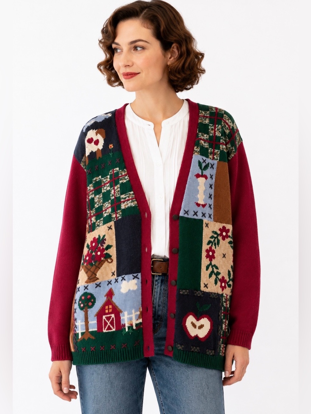 Vintage Cardigan Sweater Apples Farm Barn Sheep Embroidered Grandma 80s 90s